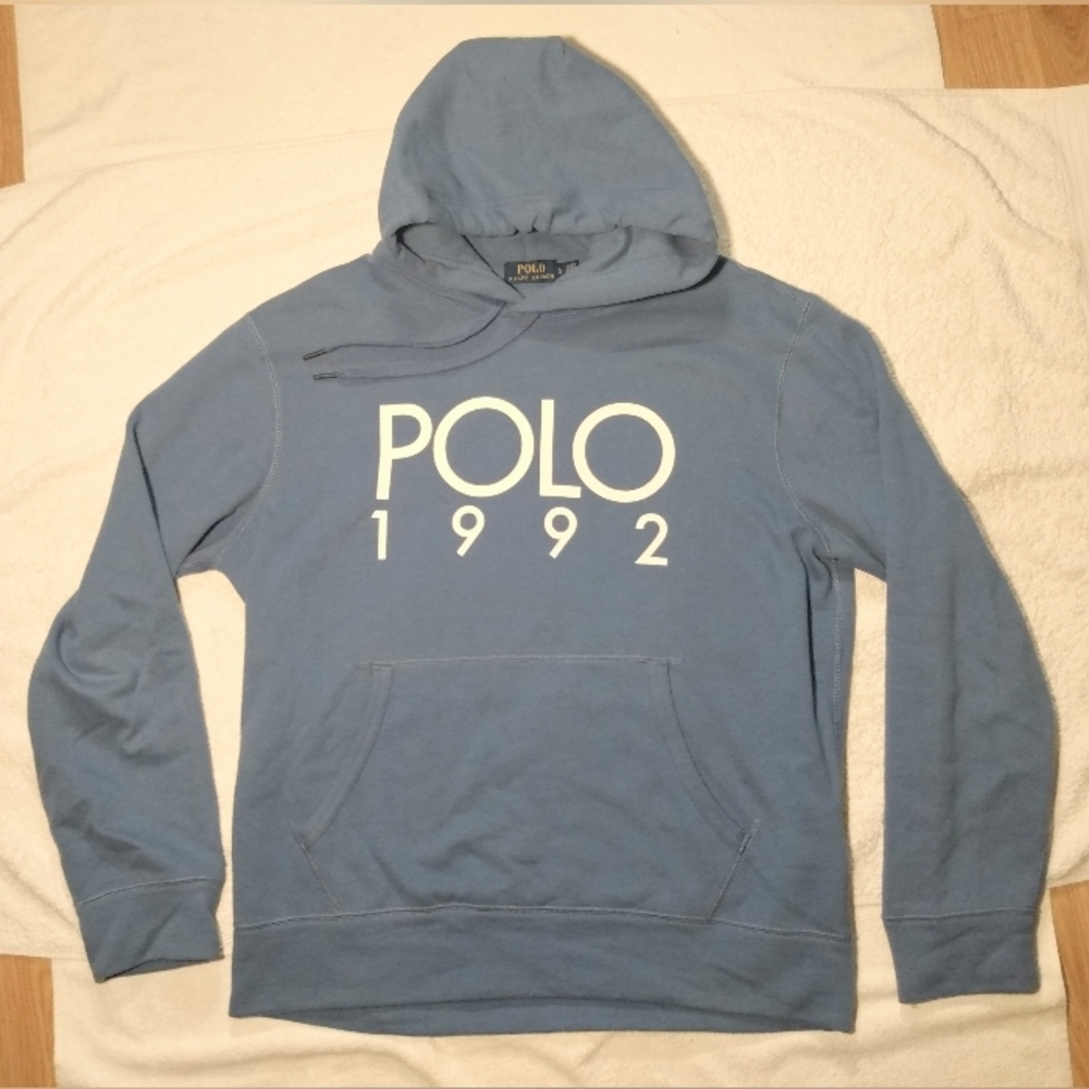 POLO RALPH LAUREN Blue 1992 Spellout  Cotton Fleece Blend Hoodie - Men's L